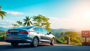 Car rental at Kuching with a sleek car parked in vibrant tropical scenery