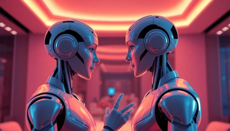 Engaging scene of two humanoid robots exploring intimate conversation about sex AI in a modern, ambient room.