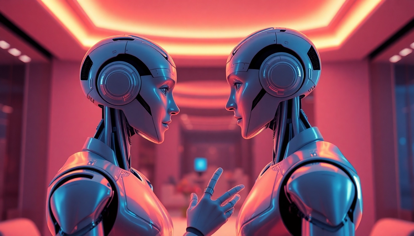 Engaging scene of two humanoid robots exploring intimate conversation about sex AI in a modern, ambient room.