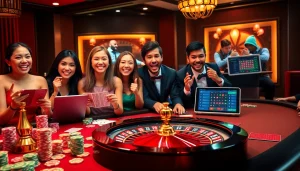 Kuwin players engaging in an exciting online casino experience with poker chips and roulette.