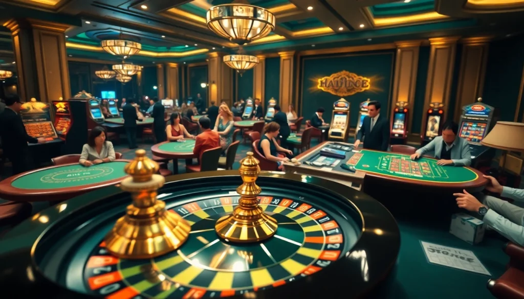 Experience the thrills of Nhà cái Thabet with an exciting casino scene featuring poker tables and a roulette wheel.