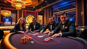 Players enjoy an exciting poker game at the EV88 casino table with vibrant chips and cards.