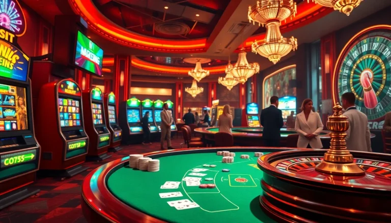 Experience the thrill of KJC MARKETING in a luxury casino with players at poker and roulette tables.