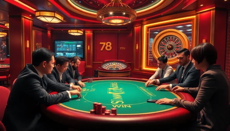 High-stakes poker gameplay at 78WIN casino with vibrant chips and luxurious decor