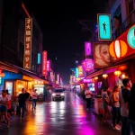 Vibrant 호치민밤문화 scene depicting lively nightlife in Ho Chi Minh City with bars, karaoke, and colorful lights.