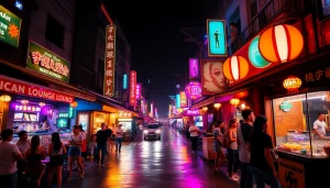 Vibrant 호치민밤문화 scene depicting lively nightlife in Ho Chi Minh City with bars, karaoke, and colorful lights.