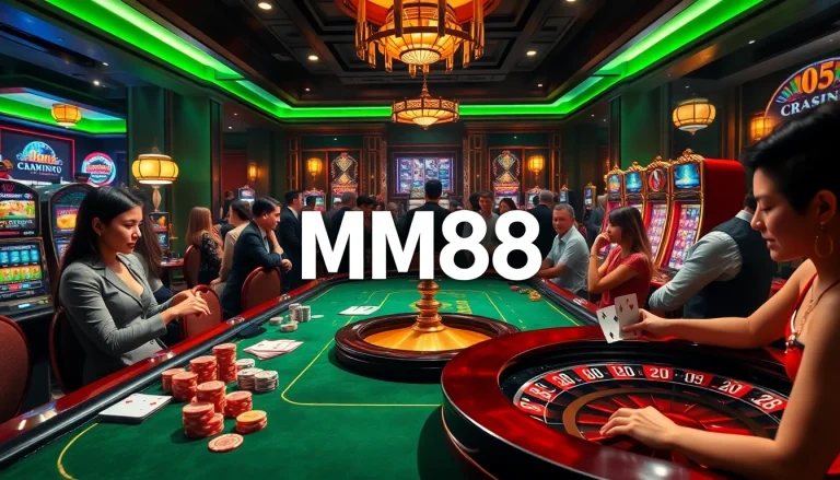 MM88 casino scene with exciting poker table, roulette wheel, and slot machines.