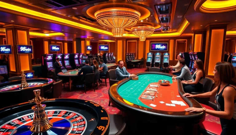 Experience high-stakes action at 98win com casino, featuring vibrant poker tables and slot machines.
