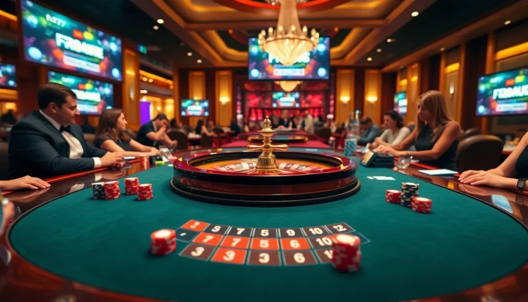 Exciting casino atmosphere with players at roulette, inspired by https://f168.us/ betting experience.