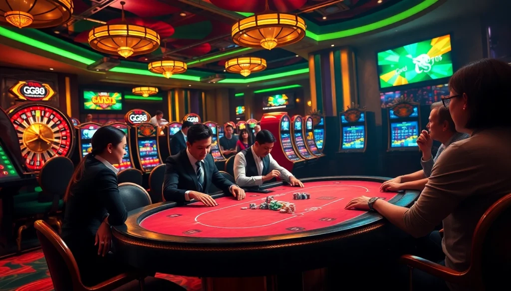 Engaging players at GG88 poker table with vibrant casino atmosphere full of excitement.