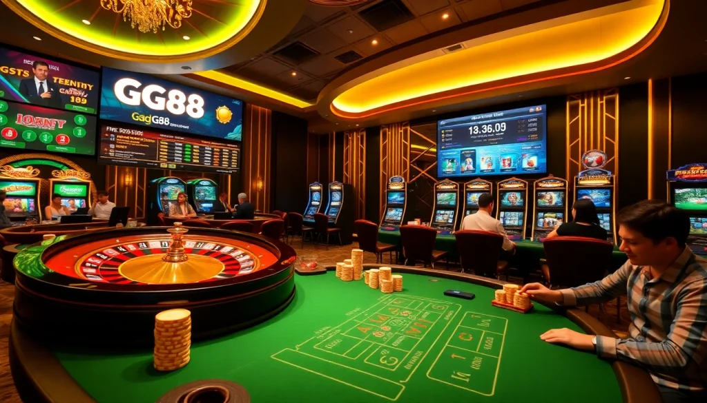 GG88 interactive casino scene with roulette wheel, poker chips, and vibrant gaming interface.