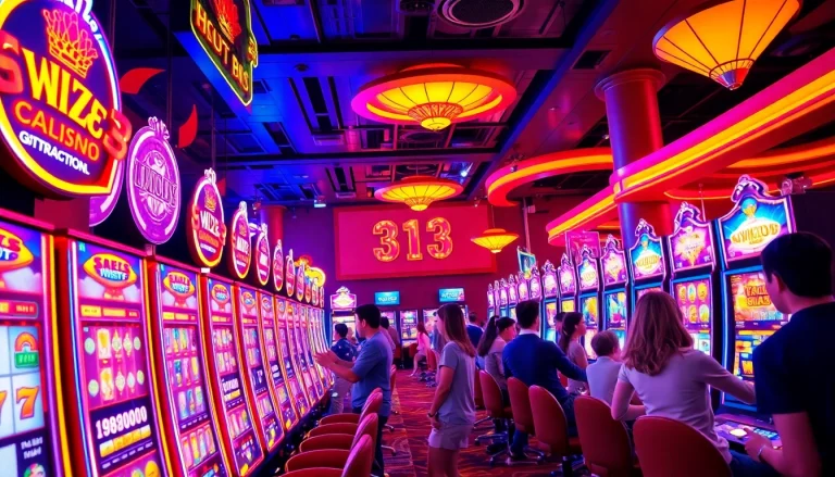 Engaging scene of players at filled slot machines representing hoki138 pro online casino excitement.