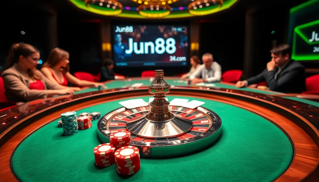 Dynamic players enjoying the excitement of jun88 com at a luxurious casino table.