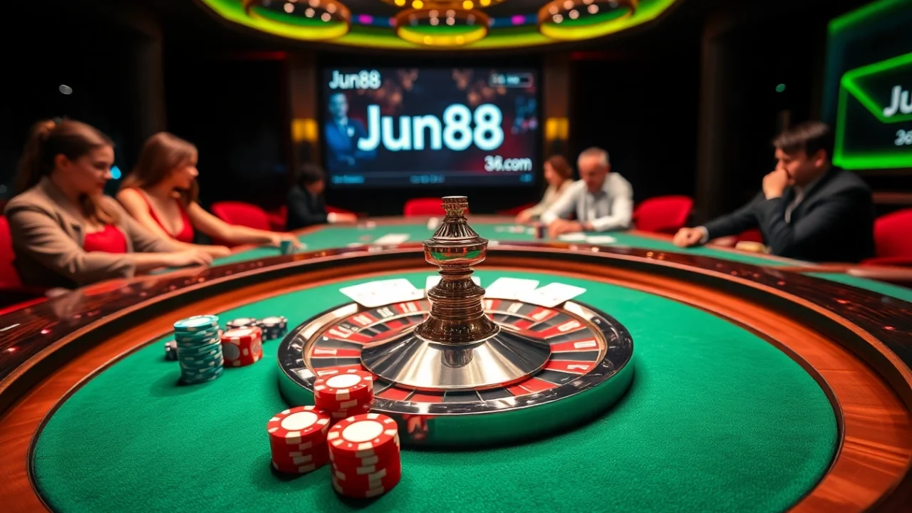 Dynamic players enjoying the excitement of jun88 com at a luxurious casino table.