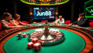 Dynamic players enjoying the excitement of jun88 com at a luxurious casino table.