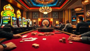 Engaging scene capturing rr88 đăng nhập with players at a blackjack table in a luxurious casino setting.