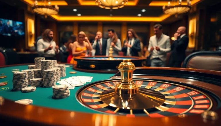 Experience the thrilling atmosphere of gambling at https://rikvip.college/ with poker chips on an elegant table.
