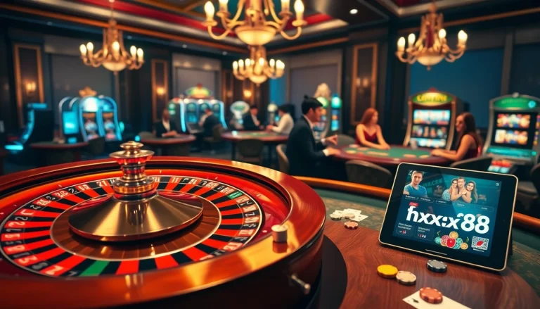 Betting action at an upscale casino scene highlighting https://xx88.today/ with roulette and poker elements.