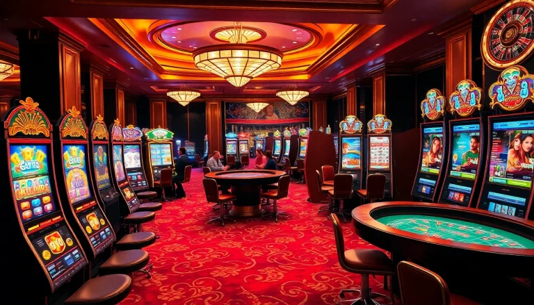 Experience the excitement of Slot Online Terpercaya with various luxurious slot machines and a roulette table.