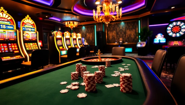 KJC Coffee enhances the thrill of gambling at a luxurious casino poker table with vibrant slot machines.