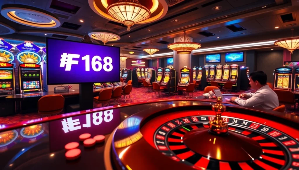 Experience the luxury of gambling with แบรนด์ F168 in an exciting casino environment filled with vibrant gaming elements.