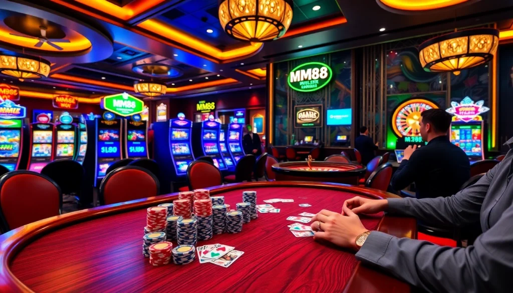 Stunning MM88 casino scene capturing poker action with vibrant slot machines and roulette.
