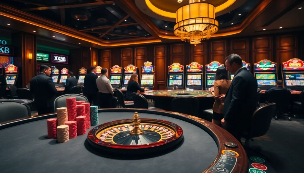 Crowd enjoying games at xx88's luxurious online gambling platform with poker tables and roulette wheels.