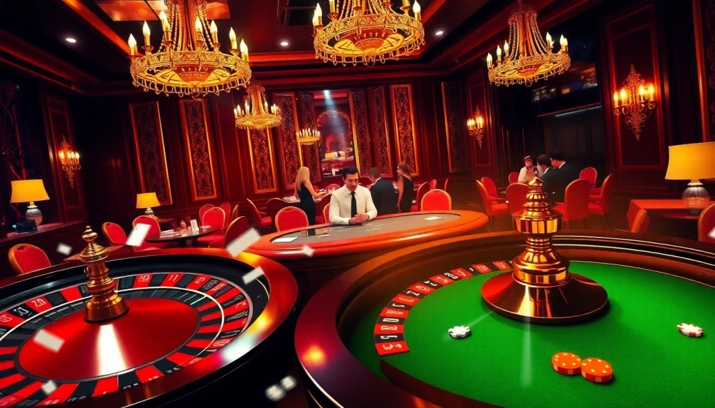 Exciting casino ambiance at MM88 showcasing poker game intensity and luxurious decor