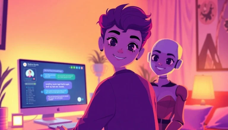 Engaging scene of an ai sex chat conversation with a friendly AI character in a cozy setting.