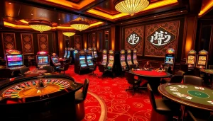 Experience the thrill of authorized 상품권카드 gambling at a luxurious casino, showcasing vibrant slot machines and engaging gameplay.