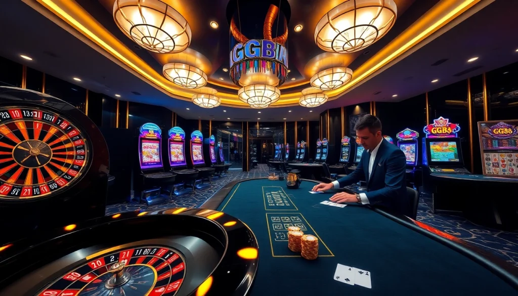 GG88 online casino featuring luxurious roulette wheel and vibrant slot machines.