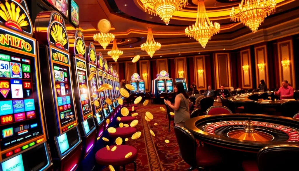 Excited player wins at a slot machine in a luxurious casino atmosphere embodying birutoto gaming.