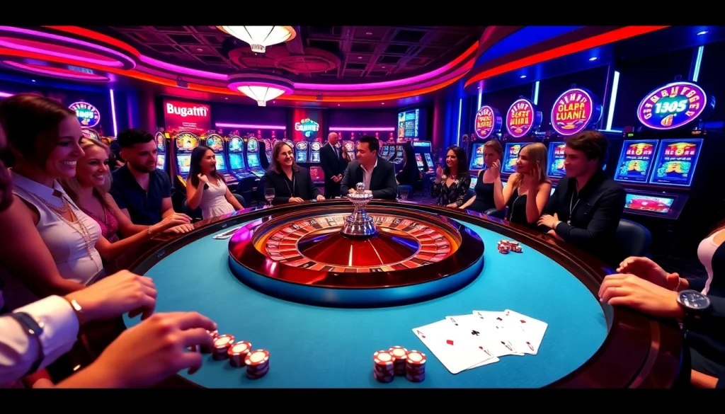Players engaging at the Bugatti8-themed roulette table in a vibrant casino atmosphere.