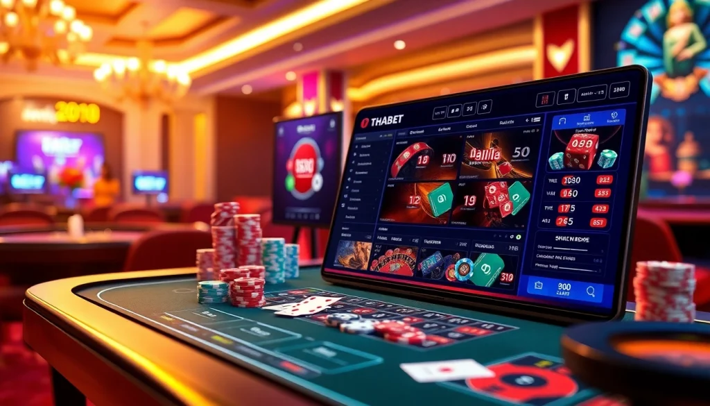 Engaging betting scene at Nhà cái Thabet featuring vibrant casino elements and a modern gambling interface.