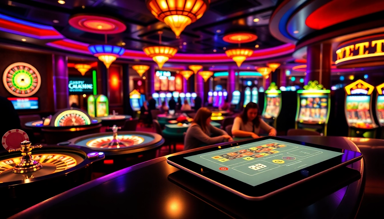 A vibrant casino scene at https://xx88.boats/ showcasing high-stakes gaming with roulette wheels, poker tables, and excited players.