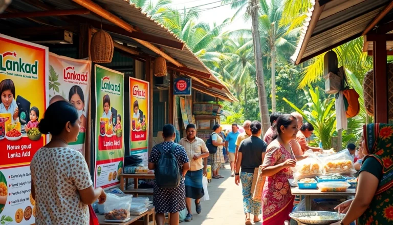 Vibrant marketplace scene showcasing Lanka Add advertisements in Sri Lanka.