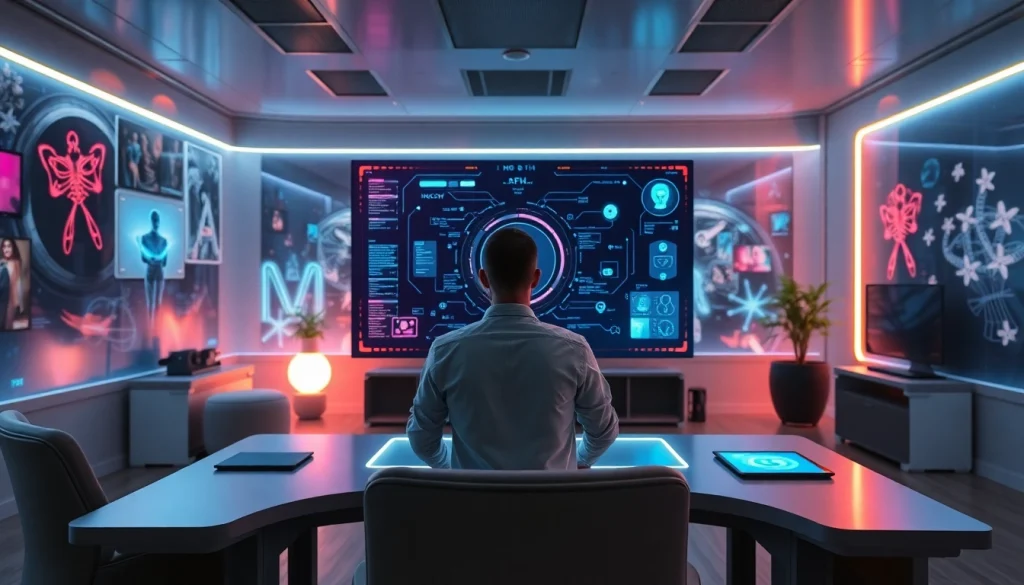 Futuristic workspace showcasing NSFW AI image generator interface with ambient lighting and digital art.