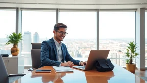 Efficient traveler preparing the eta application uk at a modern workspace filled with travel documents.