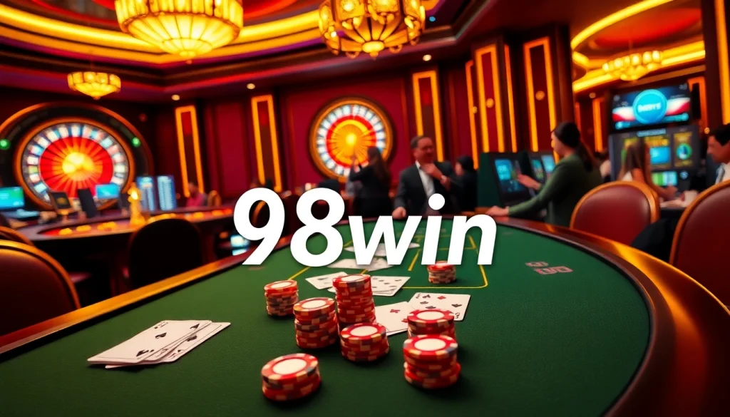 A vibrant casino scene showcasing 98win with a poker table, roulette wheel, and excited players.