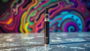 Buy dmt vape pen showcased against psychedelic colors, emphasizing modern design and unique appeal.