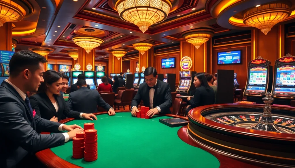 A thrilling scene at https://five88bc.com/, showcasing players engaging in poker at a grand casino.
