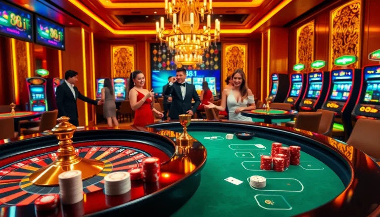 Experience the excitement of online gambling at 88i with vibrant casino tables, poker chips, and engaging players.
