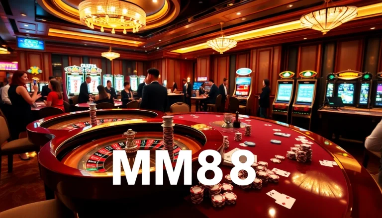 MM88 casino players passionately placing bets at luxurious tables filled with poker chips and cards.