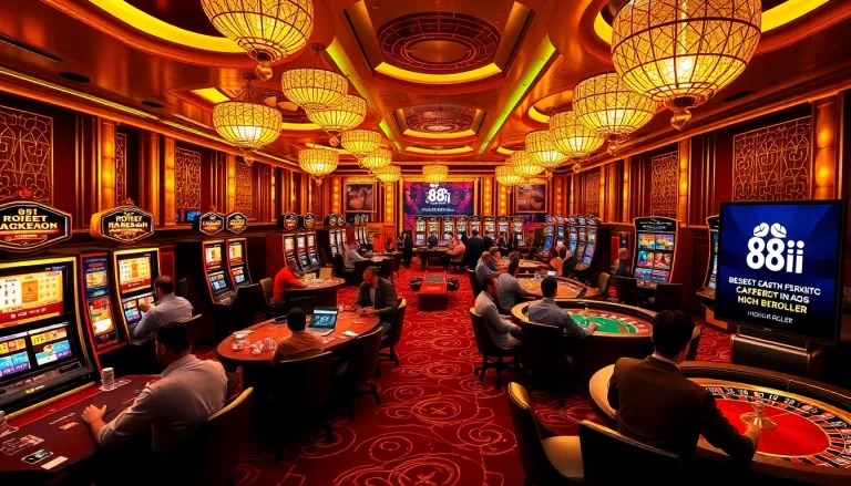 Experience the excitement of 88i with a vibrant scene of players enjoying casino games and a digital interface.