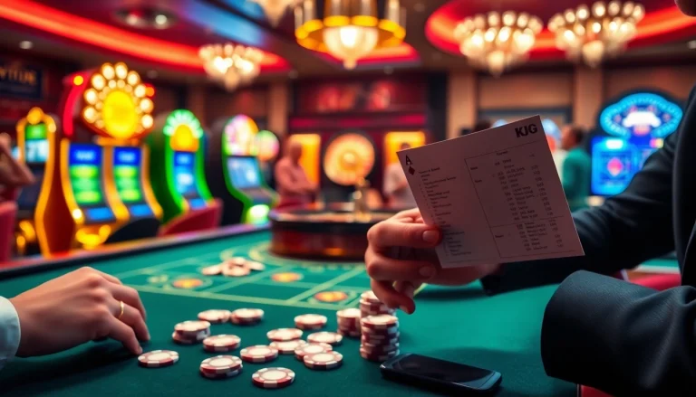 KJC players engaging in high-stakes poker at an elegant casino table with vibrant slot machines.