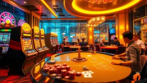 Cổng game Win 79 features an exciting casino scene with players at a poker table and vibrant slot machines.