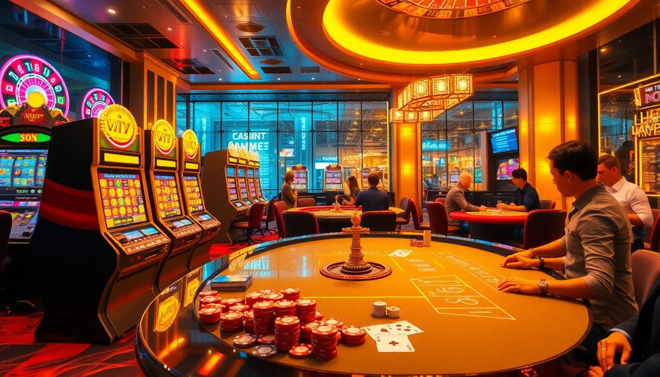 Cổng game Win 79 features an exciting casino scene with players at a poker table and vibrant slot machines.