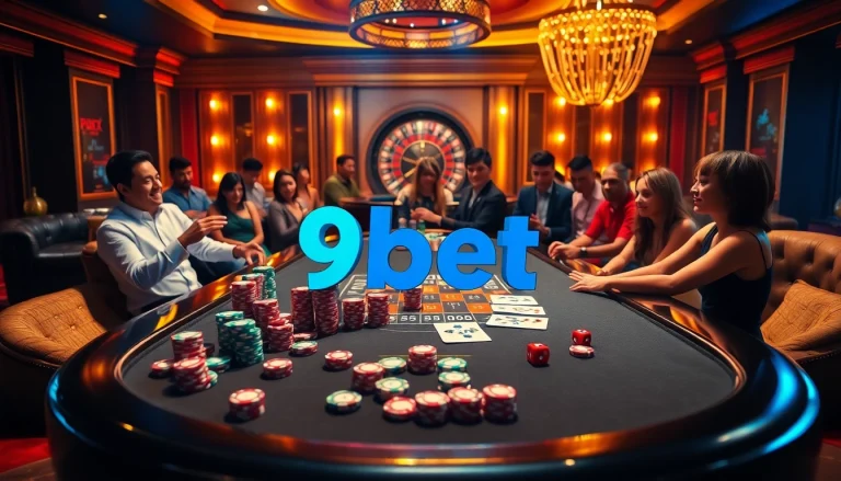 Participants enjoy an exciting game of poker at 9bet casino under warm, inviting lights.