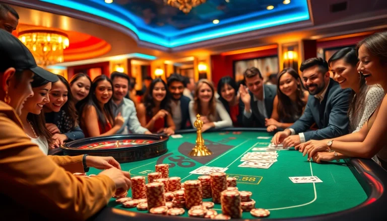 Players enjoying an intense card game at a luxurious casino featuring lc88 poker chips.