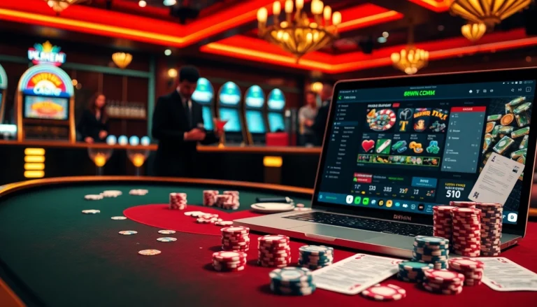 Join the excitement at https://98wincom.best/ with players engaged at a poker table and vibrant slot machines.